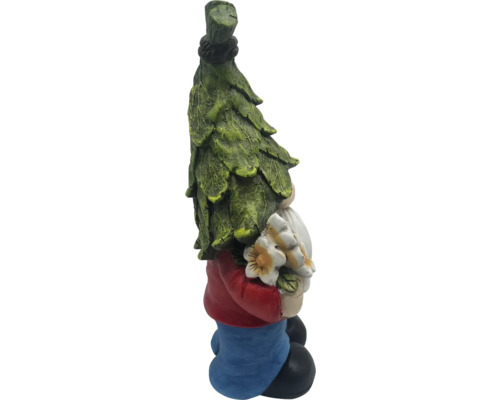 Nain de jardin avec chapeau en tronc d''arbre et bouquet de fleurs