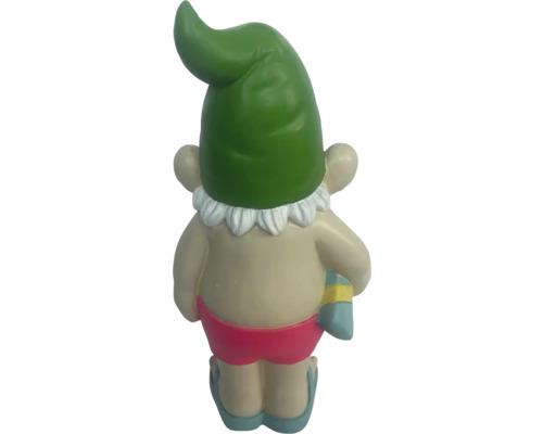 Vue arrière d''une figurine de gnome de jardin avec un bonnet vert, un col blanc, un pantalon rouge et des chaussures bleues