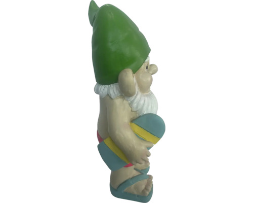 Nain de jardin avec maillot de bain et planche de surf