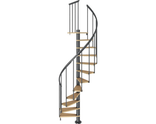 Escalier en colimaçon avec rampe en métal et marches en bois