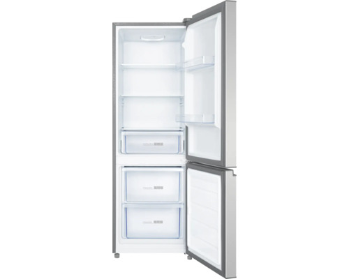 PKM KG162EIXN Kühl- und Gefrierkombination BxHxT 49,8 x 145,5 x 51,5 cm inox design Geöffneter Kühlschrank mit Regalen und Gefrierfächern