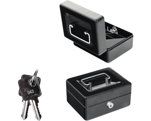 Trois vues d''une caisse à monnaie avec clé