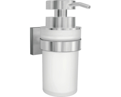 Distributeur de savon REIKA SAGA acier inoxydable brossé Distributeur de savon mural en métal et en verre