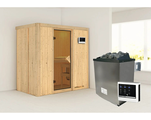 Elementsauna Karibu Mariado inkl. 9 kW Ofen u.ext.Steuerung ohne Dachkranz mit bronzierter Ganzglastür