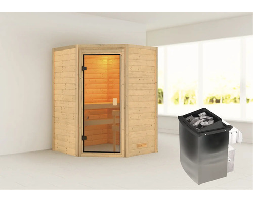 Sauna en bois massif Karibu Antonia avec poêle 9 kW et commande intégrée sans couronne avec porte entièrement vitrée couleur bronze