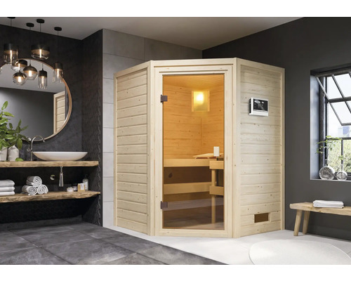 Sauna en madriers Karibu Antonia avec poêle 9 kW et commande ext. sans couronne avec porte entièrement vitrée couleur bronze