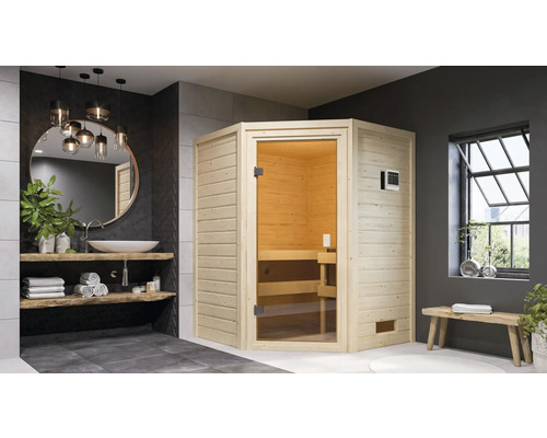 Sauna en bois massif Karibu Antonia avec poêle bio 9 kW et commande externe sans couronne avec porte entièrement vitrée couleur bronze