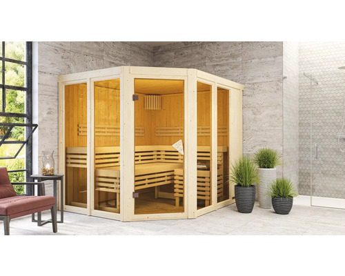 Sauna modulaire Karibu Mandos 3 sans poêle ni couronne, avec portes entièrement vitrées couleur bronze