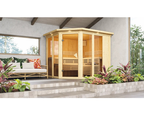 Sauna modulaire Karibu Mandos 3 avec poêle bio 9 kW et commande externe, avec couronne et portes entièrement vitrées couleur bronze