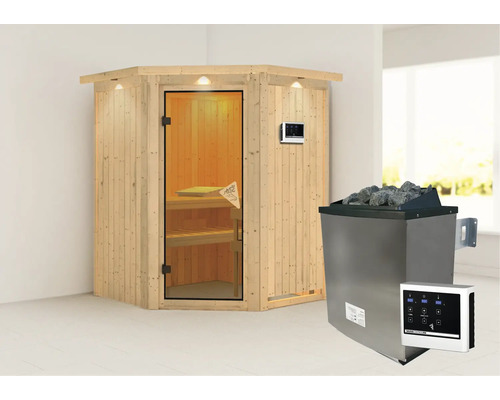 Elementsauna Karibu Callinan inkl. 9kW Ofen u. integr. Steuerung und Dachkranz