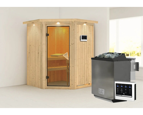 Elementsauna Karibu Callinian inkl. 9kW Bio Ofen u. ext. Steuerung und Dachkranz