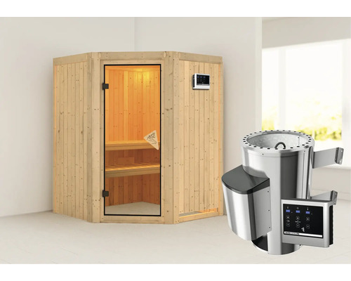 Sauna modulaire Karibu Kanja avec poêle 3,6 kW et commande extérieure, sans couronne