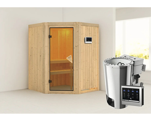 Elementsauna Karibu Kanja inkl. 3,6 kW Bio Ofen u.ext.Steuerung ohne Dachkranz mit bronzierter Ganzglastür