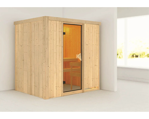 Elementsauna Karibu Wanja ohne Ofen und Dachkranz mit bronzierter Ganzglastür Holzsauna mit Glastür und Bänken