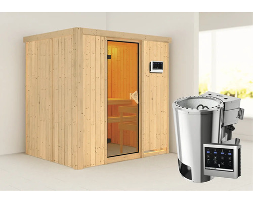 Elementsauna Karibu Wanja inkl. 3,6 kW Bio Ofen u.ext.Steuerung ohne Dachkranz mit bronzierter Ganzglastür Elementsauna Karibu Wanja inkl. 3,6 kW Bio Ofen u.ext.Steuerung ohne Dachkranz mit bronzierter Ganzglastür