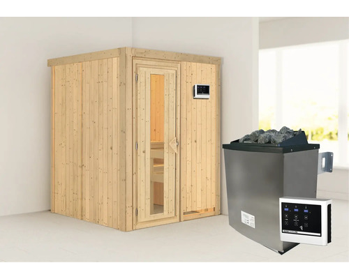 Sauna modulaire Karibu Norina avec poêle 9 kW et commande extérieure sans frise de toit