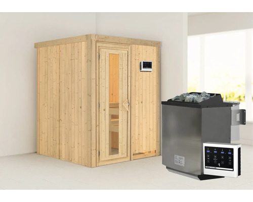 Sauna modulaire Karibu Norina avec poêle Bio 9 kW et commande extérieure, sans frise de toit