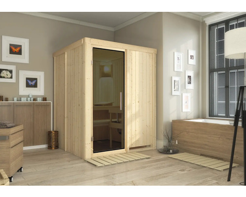 Sauna modulaire Karibu Norina sans poêle ni frise de toit, avec porte vitrée coloris graphite