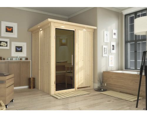 Sauna modulaire Karibu Norina sans poêle, avec frise de toit et porte vitrée coloris graphite