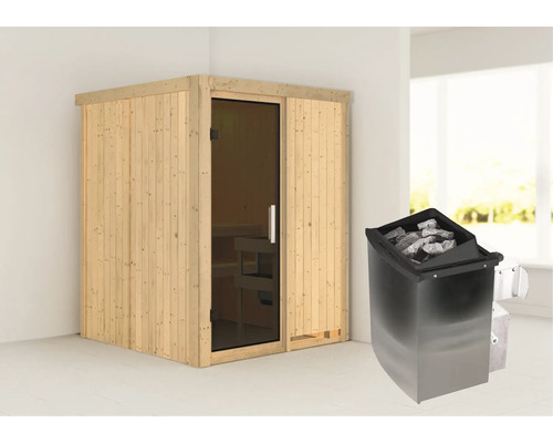 Sauna modulaire Karibu Norina avec poêle 9 kW et commande intégrée, sans frise de toit et porte vitrée coloris graphite