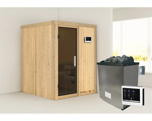 Sauna modulaire Karibu Norina avec poêle 9 kW et commande extérieure sans frise de toit, avec porte vitrée coloris graphite