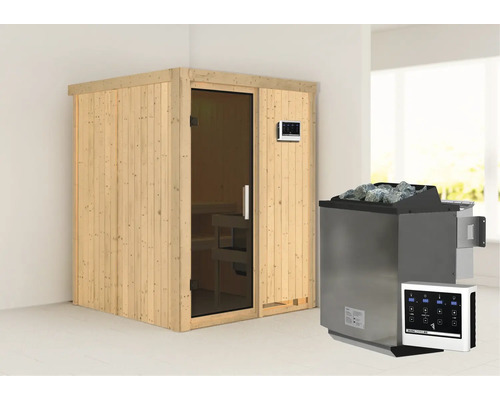 Sauna modulaire Karibu Norina avec poêle Bio 9 kW et commande extérieure, sans frise de toit, avec porte vitrée coloris graphite