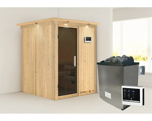 Sauna modulaire Karibu Norina avec poêle 9 kW et commande extérieure, avec frise de toit et porte vitrée coloris graphite