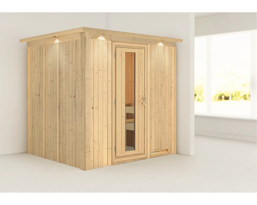 Sauna modulaire Karibu Sodina sans poêle avec couronne et porte en bois avec verre isolant thermiquement