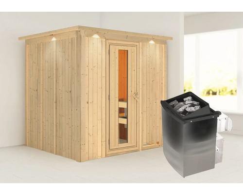 Sauna modulaire Karibu Sodina avec poêle 9 kW et commande intégrée, avec frise de toit et portes en bois avec verre isolé thermiquement