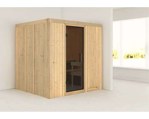 Sauna modulaire Karibu Sodina sans poêle ni frise de toit, avec porte vitrée coloris graphite