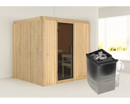 Sauna modulaire Karibu Sodina avec poêle 9 kW et commande intégrée, sans frise de toit, avec porte vitrée coloris graphite