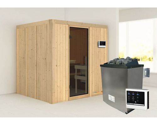 Sauna modulaire Karibu Sodina avec poêle 9 kW et commande extérieure, sans frise de toit, avec porte vitrée coloris graphite