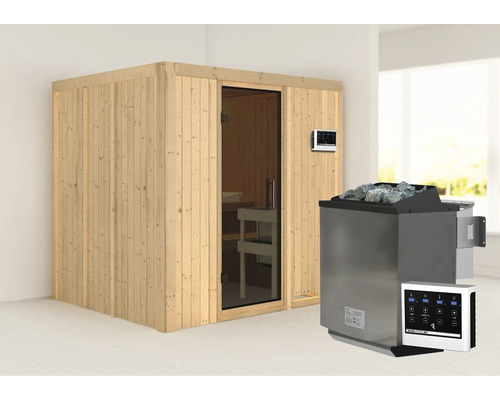 Sauna modulaire Karibu Sodina avec poêle Bio 9 kW et commande extérieure, sans frise de toit, avec porte vitrée coloris graphite