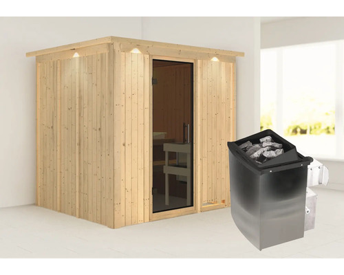 Sauna modulaire Karibu Sodina avec poêle 9 kW et commande intégrée, avec frise de toit et porte vitrée coloris graphite