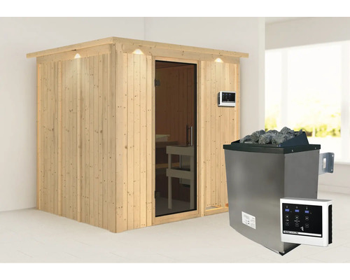 Sauna modulaire Karibu Sodina avec poêle 9 kW et commande extérieure, avec frise de toit et porte vitrée coloris graphite