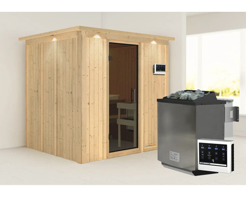 Sauna modulaire Karibu Sodina avec poêle Bio 9 kW et commande extérieure, avec frise de toit et porte vitrée coloris graphite