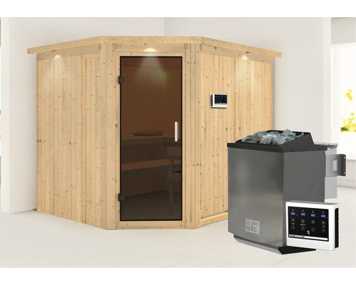 Elementsauna Karibu Malina inkl. 9 kW Bio Ofen u.ext.Steuerung mit Dachkranz und graphitfarbiger Ganzglastür