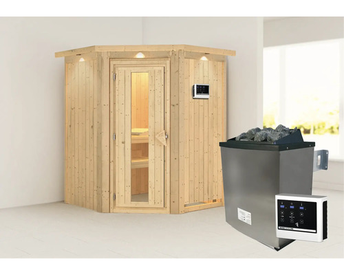 Sauna modulaire Karibu Callinan avec poêle 9 kW et commande externe, avec couronne et porte en bois avec verre isolant thermique