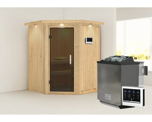 Sauna modulaire Karibu Callinan avec poêle bio 9 kW et commande externe, avec couronne et porte entièrement vitrée coloris graphite