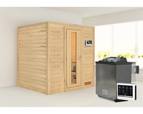 Sauna en bois massif Karibu Anja avec poêle bio 9 kW et commande externe sans couronne avec porte en bois et verre à isolation thermique