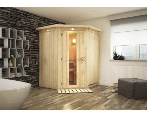 Sauna modulaire Karibu Callinan sans poêle avec couronne et portes en bois avec verre isolé thermiquement