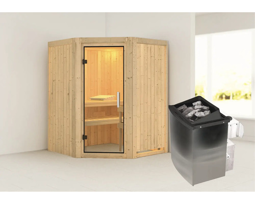 Sauna modulaire Karibu Callinan avec poêle 9 kW et commande intégrée sans couronne avec portes entièrement vitrées transparentes