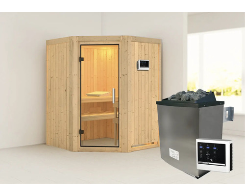 Sauna modulaire Karibu Callinan avec poêle 9 kW et commande externe sans couronne avec portes entièrement vitrées transparentes