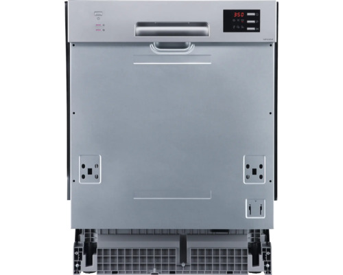 Lave-vaisselle argenté avec panneau de commande et affichage numérique.