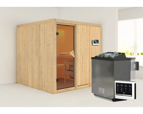 Elementsauna Karibu Rodina inkl. 9 kW Bio Ofen u.ext.Steuerung ohne Dachkranz mit bronzierter Ganzglastür Elementsauna Karibu Rodina inkl. 9 kW Bio Ofen u.ext.Steuerung ohne Dachkranz mit bronzierter Ganzglastür