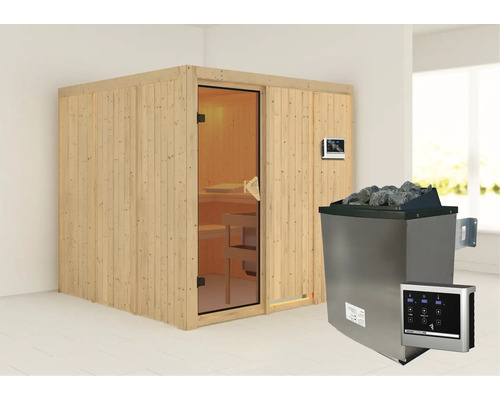 Sauna modulaire Karibu Rodina avec poêle 9 kW et commande ext. sans couronne avec porte entièrement vitrée coloris bronze