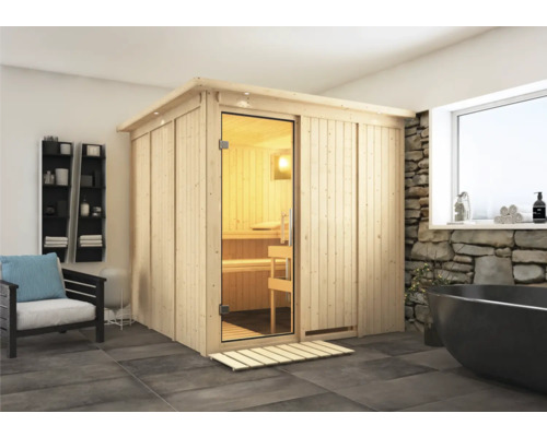 Sauna modulaire Karibu Rodina avec poêle 9 kW et commande intégrée, avec couronne et porte entièrement vitrée en verre transparent