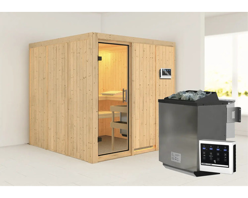 Sauna modulaire Karibu Rodina avec poêle Bio 9 kW et commande externe, sans couronne, avec porte entièrement vitrée en verre transparent