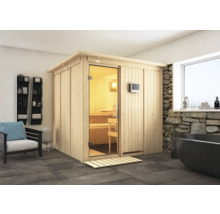 Vue intérieure d''un sauna avec des éléments en bois et un système de commande