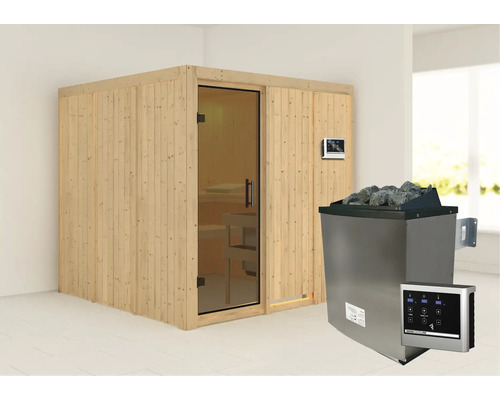 Sauna modulaire Karibu Rondina avec poêle 9 kW et commande extérieure, sans frise de toit, avec porte vitrée coloris graphite